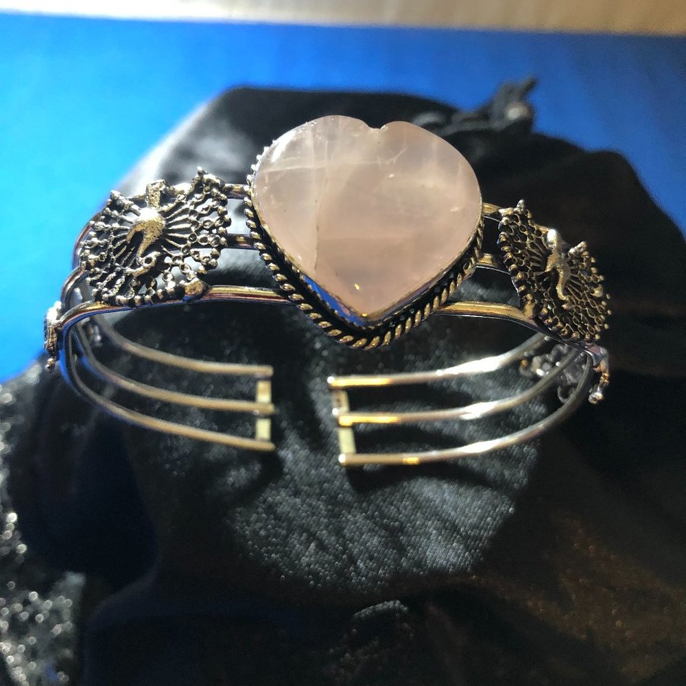 Handmade Peacock - Heart Rose Quartz Gemstone Cuff Bracelet- ADJ. Band